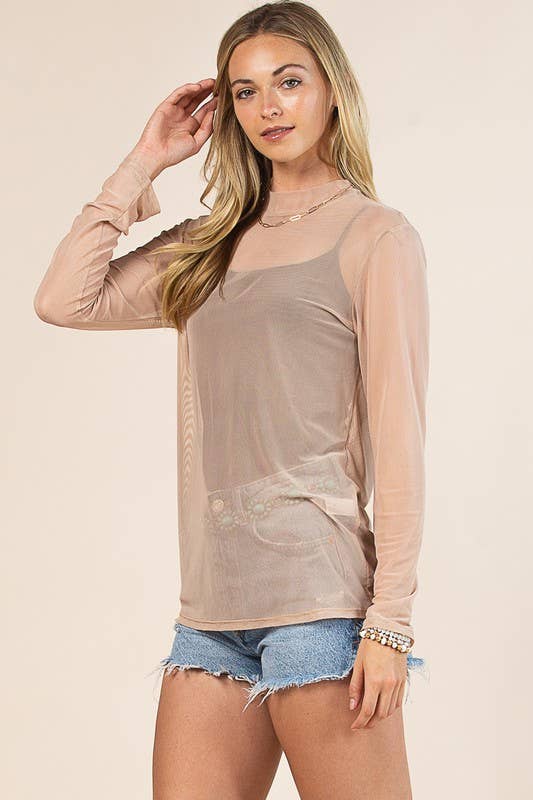 Nude Mock Neck Mesh Top