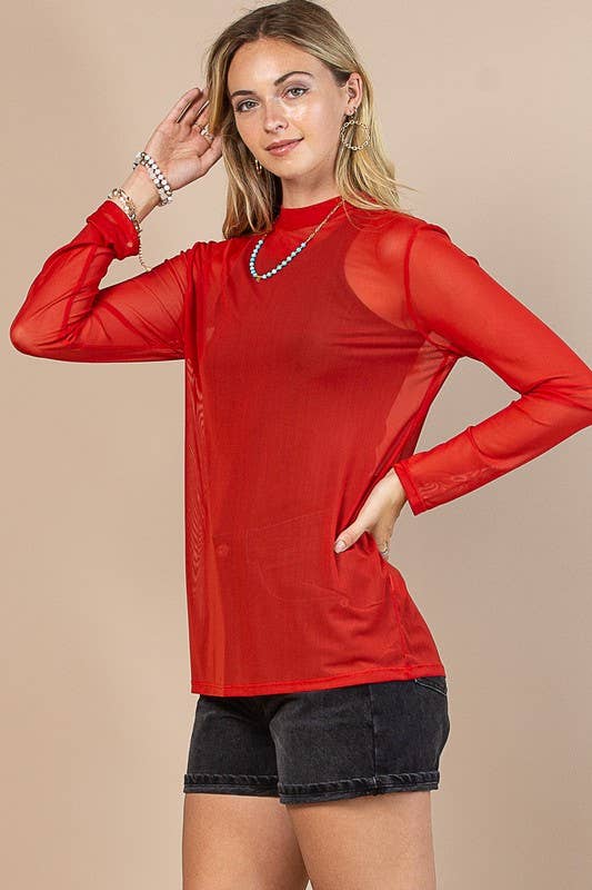 Red Mock Neck Mesh Top