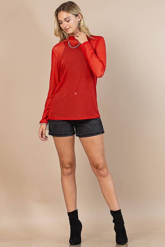 Red Mock Neck Mesh Top