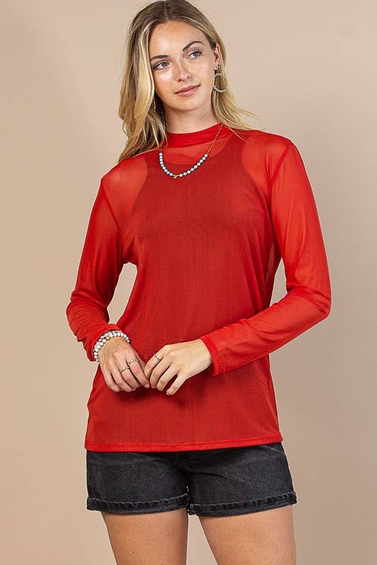 Red Mock Neck Mesh Top