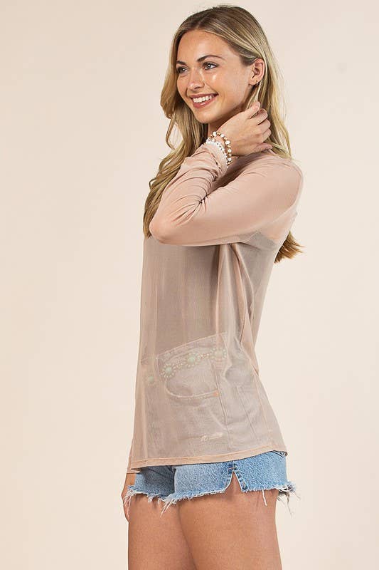 Nude Mock Neck Mesh Top