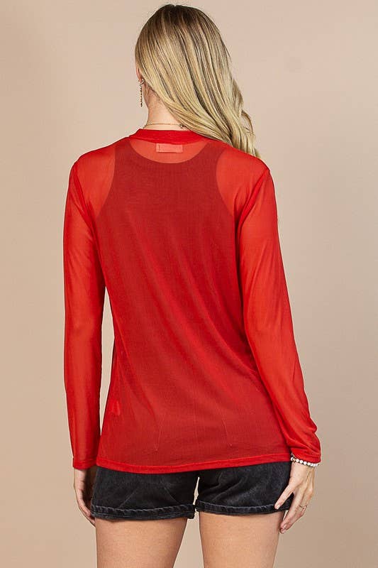 Red Mock Neck Mesh Top