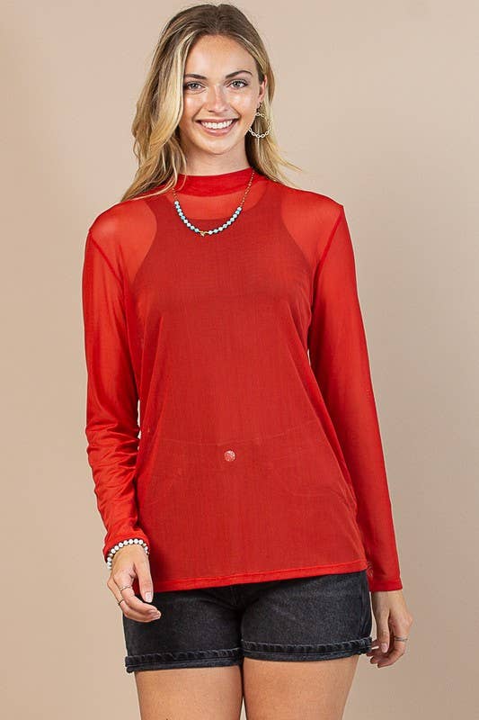 Red Mock Neck Mesh Top